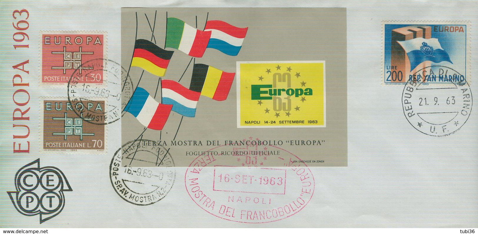 EUROPA CEPT 1963-MOSTRA FRANCOBOLLO "EUROPA" NAPOLI,SAN MARINO,ANNULLI SPECIALI DEDICATI,VIAGGIATA BOLOGNA, - 1963