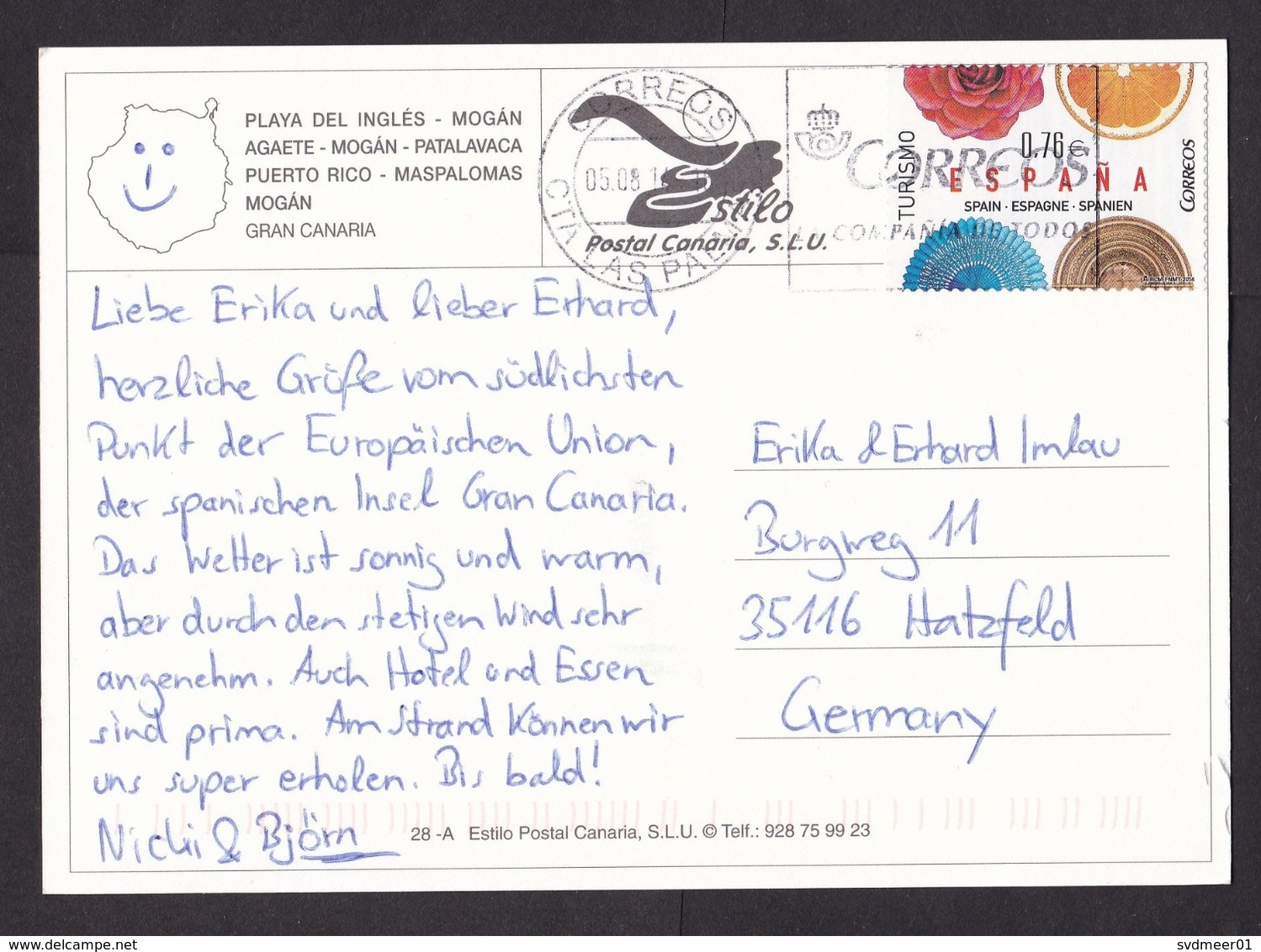 Spain: PPC Picture Postcard To Germany, 2014, 1 Stamp, Tourism, Cancel Las Palmas, Canary Islands (traces Of Use) - Briefe U. Dokumente