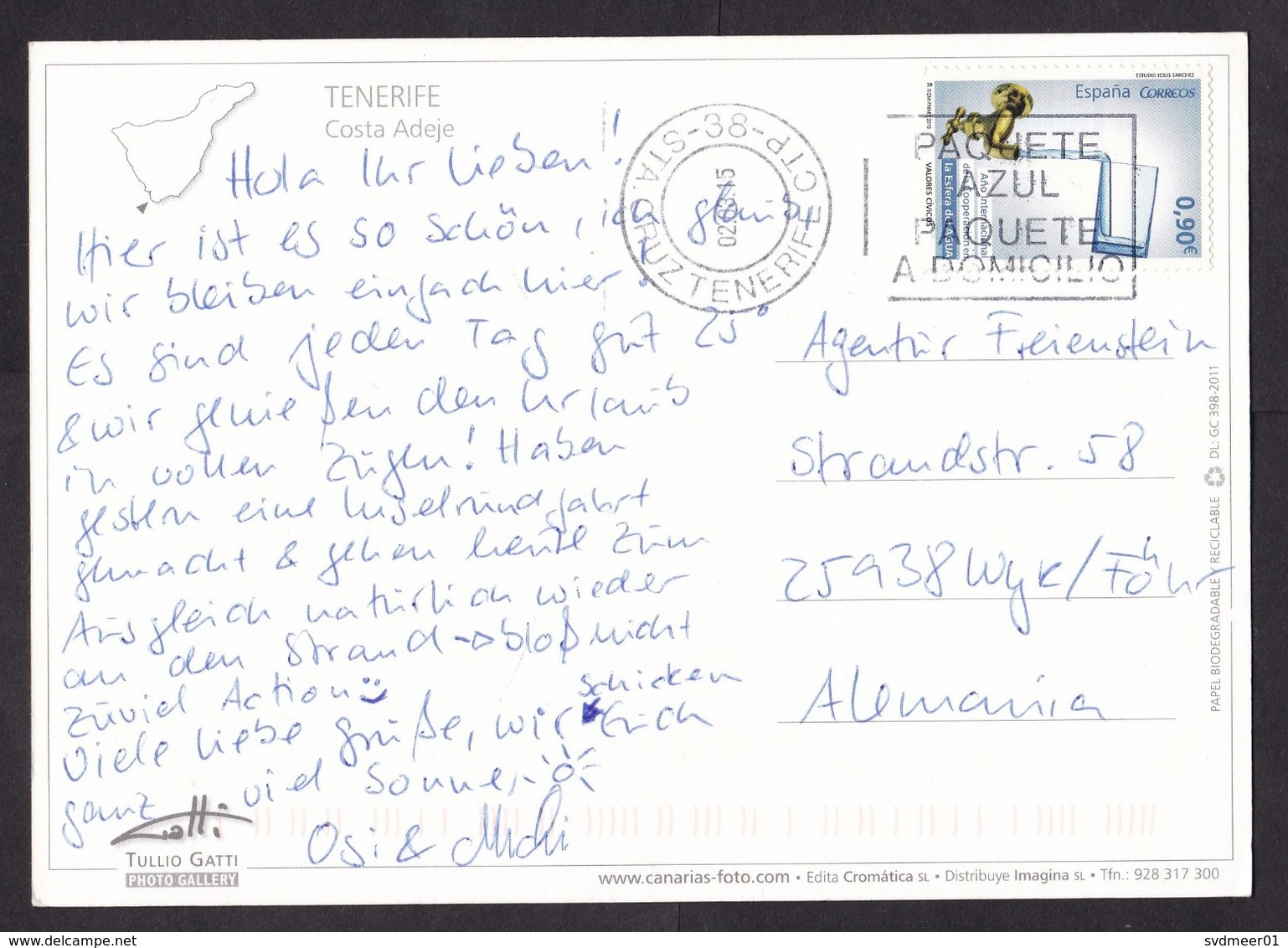 Spain: PPC Picture Postcard To Germany, 2015, 1 Stamp, Water, Cancel Sta Cruz Tenerife, Canary Islands (traces Of Use) - Briefe U. Dokumente