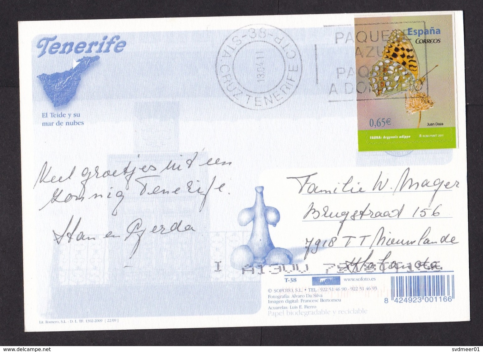 Spain: PPC Picture Postcard To Netherlands, 2011, 1 Stamp, Butterfly, Sta Cruz Tenerife, Canary Islands (traces Of Use) - Brieven En Documenten