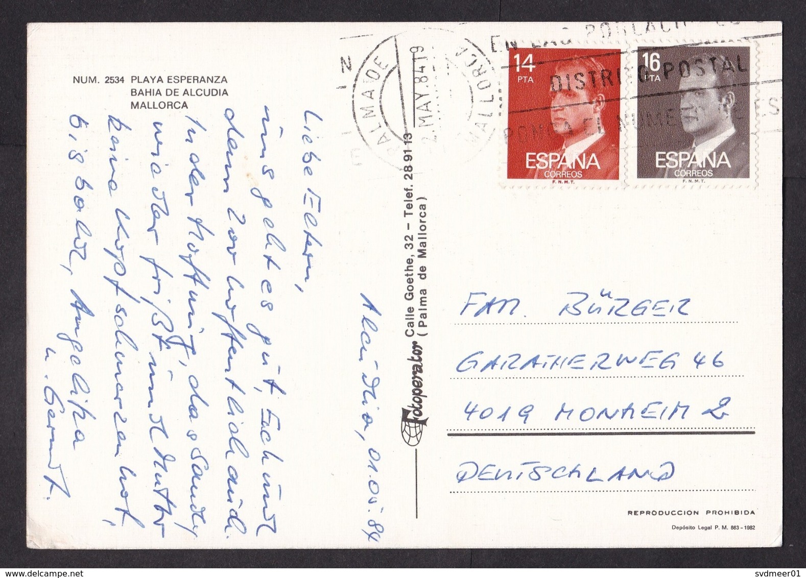 Spain: PPC Picture Postcard To Germany, 1984, 2 Stamps, Cancel Palma De Mallorca, Balearic Islands (traces Of Use) - Brieven En Documenten