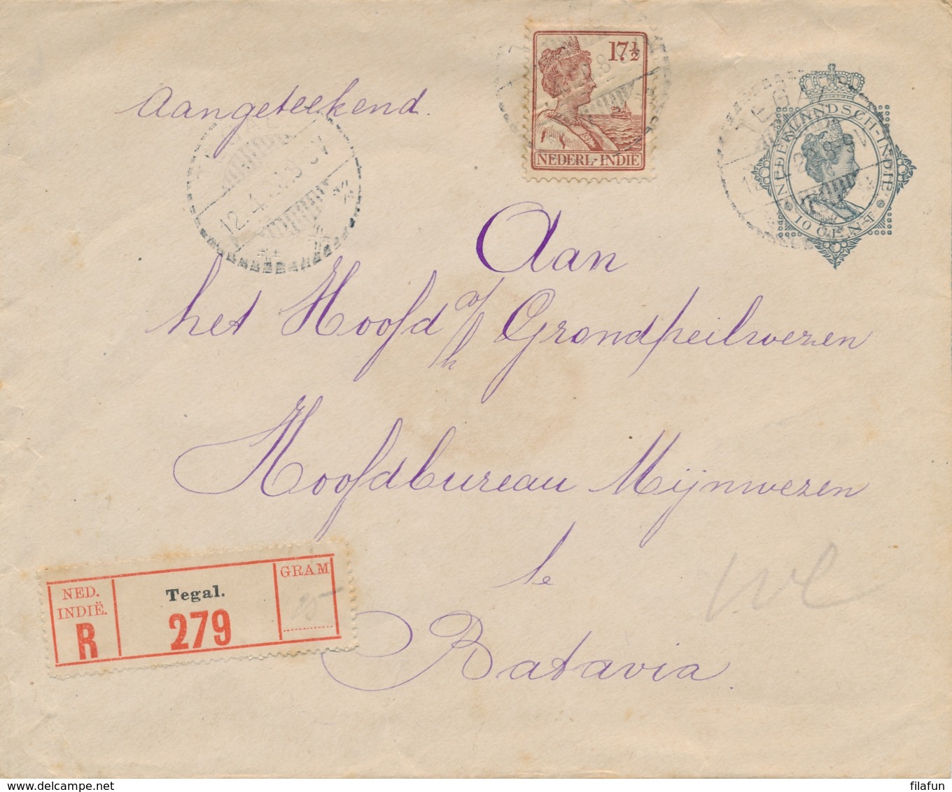 Nederlands Indië - 1926 - 17,5 Cent Wilhelmina, Bijfrankering Op 10 Cent Envelop Als R-cover Van Tegal Naar Batavia - Nederlands-Indië