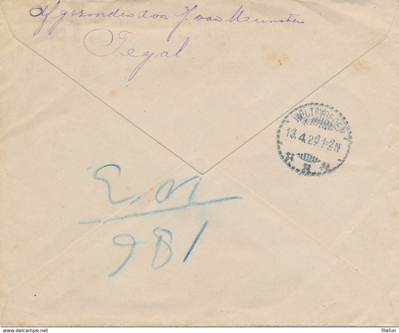 Nederlands Indië - 1926 - 17,5 Cent Wilhelmina, Bijfrankering Op 10 Cent Envelop Als R-cover Van Tegal Naar Batavia - Nederlands-Indië