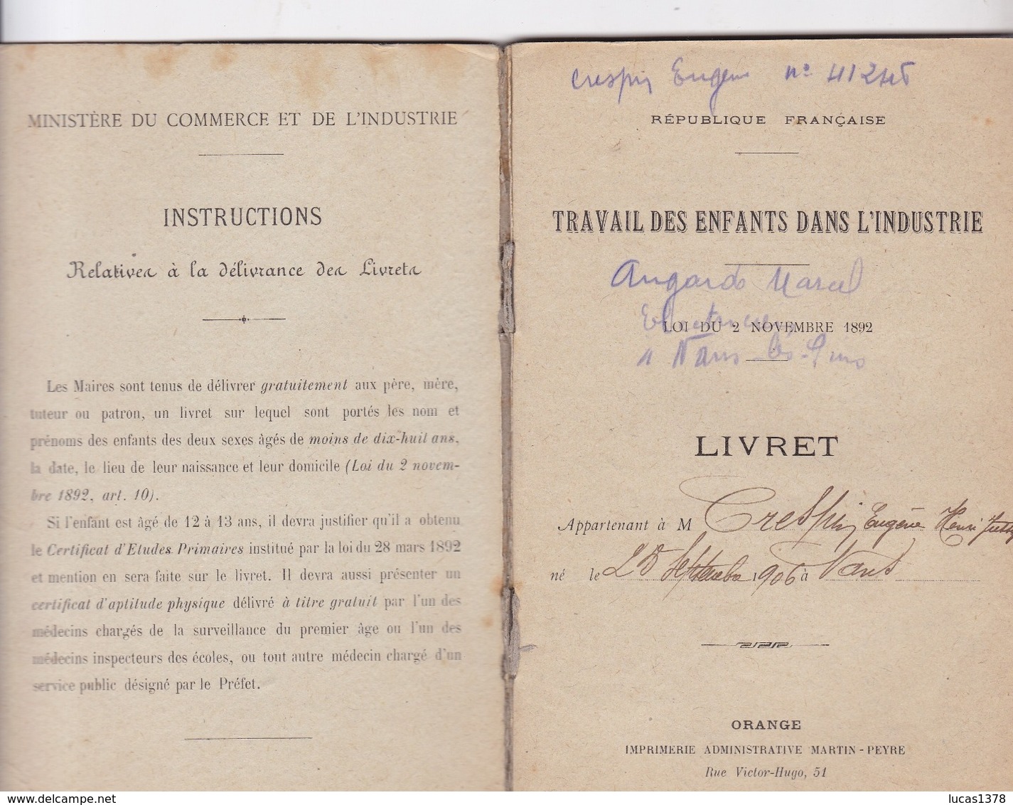 VAR / NANS LES PINS / LIVRET / TRAVAIL DES ENFANTS DANS L INDUSTRIE 1920 / EUGENE CRESPIN 14 ANS - Documents Historiques