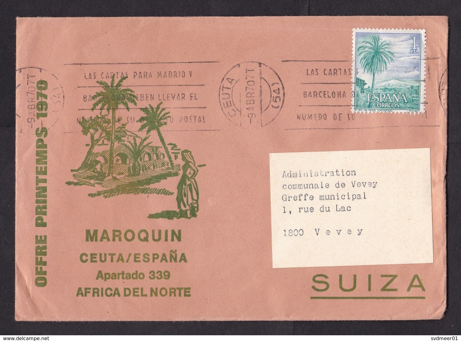 Spain: Cover To Switzerland, 1970, 1 Stamp, Cancel Ceuta, Enclave Disputed By Morrocco (minor Crease) - Brieven En Documenten