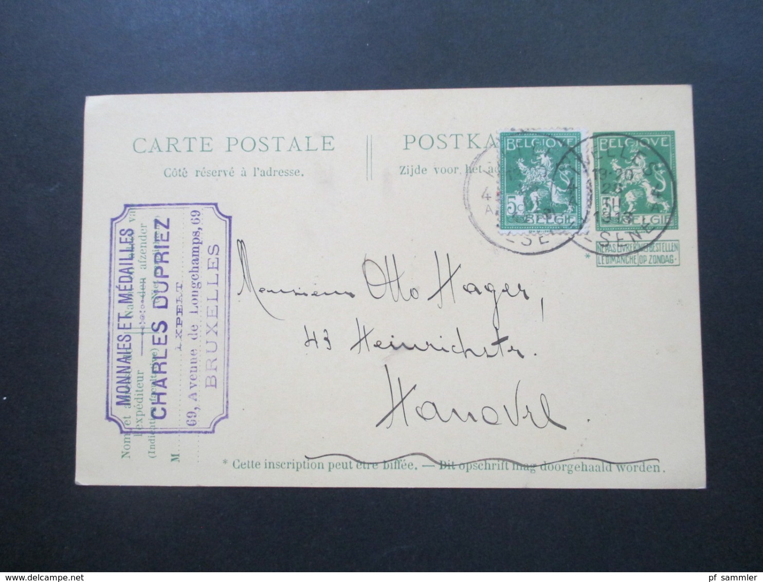 Belgien GA 1913 Mit Zusatzfrankatur Nach Hannover Monnaies Medailles Charles Dupriez Expert Bruxelles - Briefkaarten 1909-1934