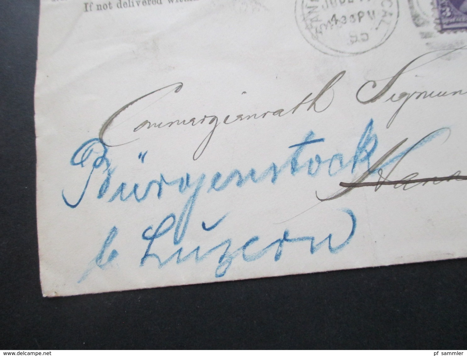 USA 1895 GA Umschlag Mit Zusatzfrankatur Nr. 63 San Francisco - Hannover Weitergeleitet Bürgenstock B. Luzern Park Hotel - Cartas & Documentos