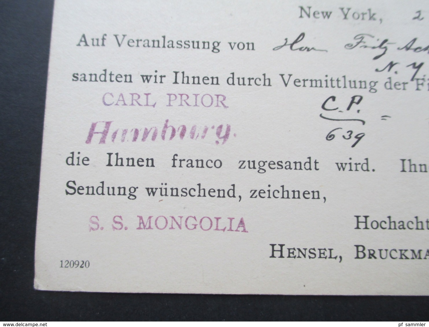 USA 1921 GA Liebesgaben Vermittelt Durch Carl Prior Hamburg Mit Der S.S. Mongolia Nach Göttingen. Schiffspost - Brieven En Documenten