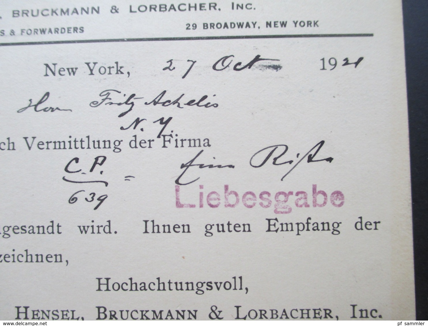 USA 1921 GA Liebesgaben Vermittelt Durch Carl Prior Hamburg Mit Der S.S. Mongolia Nach Göttingen. Schiffspost - Briefe U. Dokumente