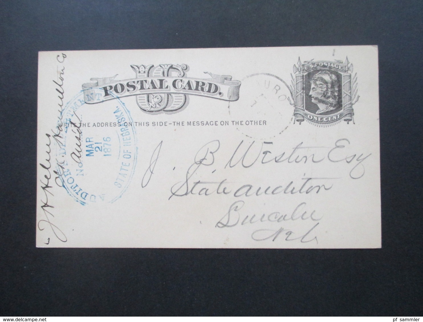 USA 1876 Ganzsache GA Blauer Stempel Auditor's Department State Of Nebraska - Cartas & Documentos
