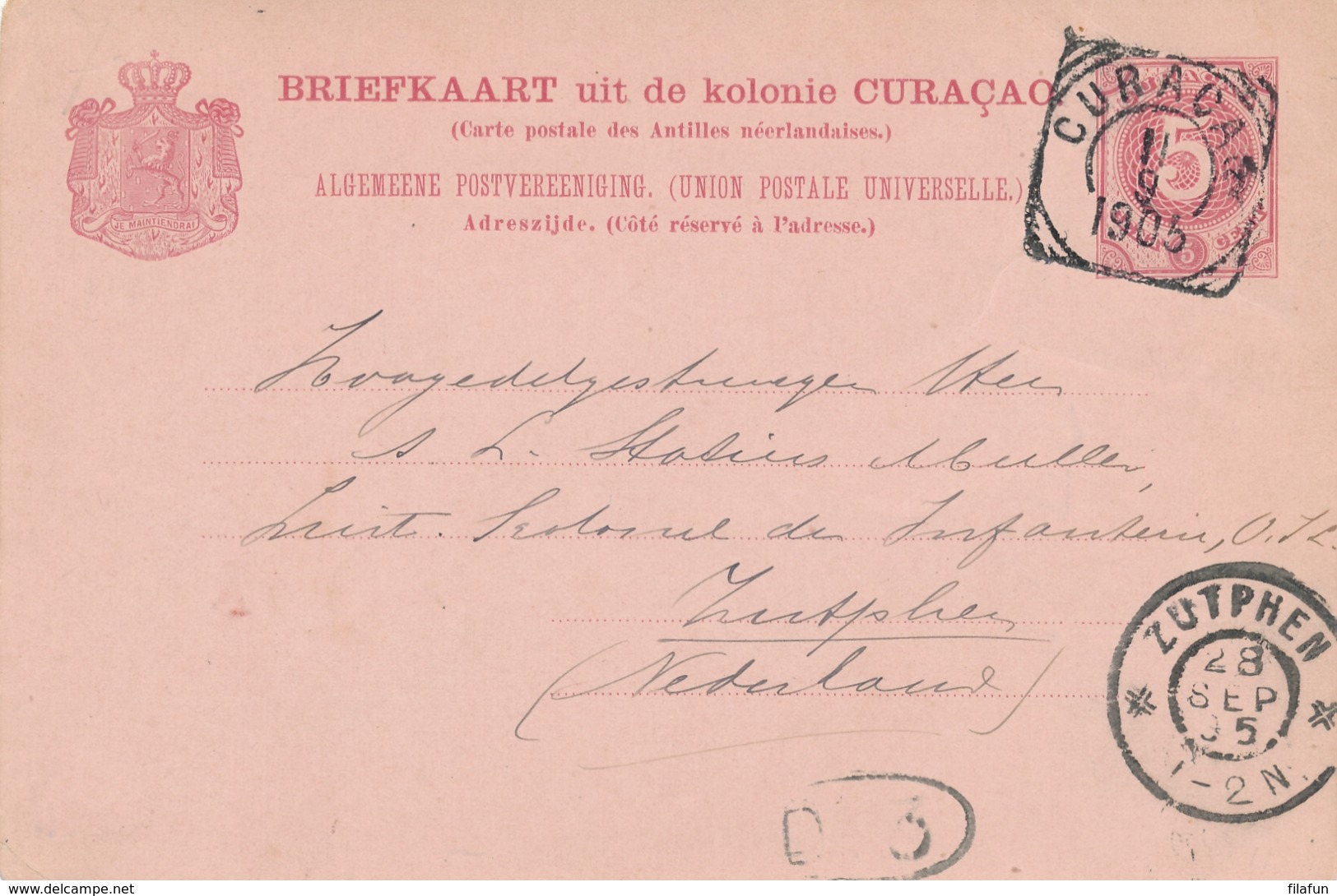 Curacao - 1905 - 5 Cent Cijfer, Briefkaart G11 - Van Curacao Naar Zutphen / Nederland - Curaçao, Nederlandse Antillen, Aruba