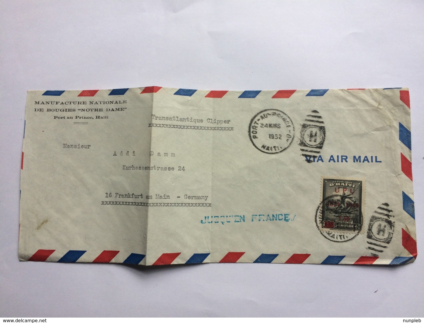 HAITI 1952 Air Mail Cover Port Au Prince To Frankfurt Germany With `Jusqu`en France` Cachet - Haití