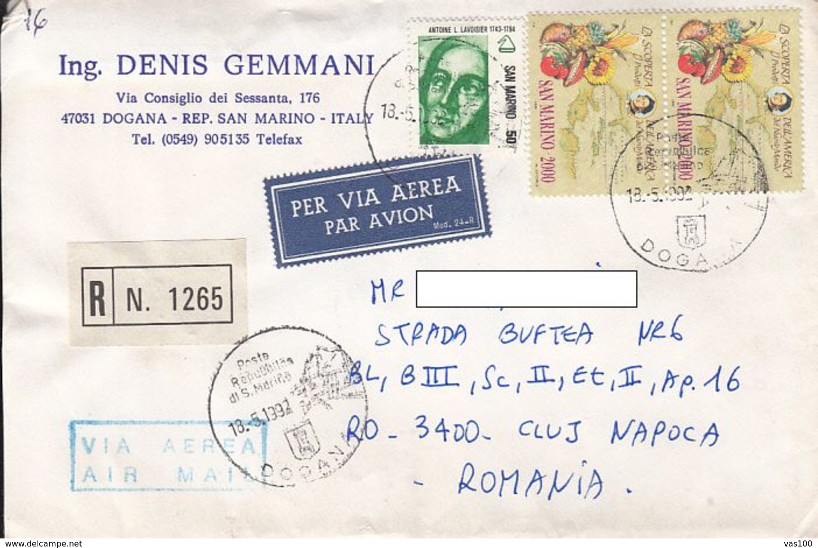 ANTOINE LAVOISIER, DISCOVERY OF AMERICA, STAMPS ON REGISTERED COVER, 1992, SAN MARINO - Storia Postale