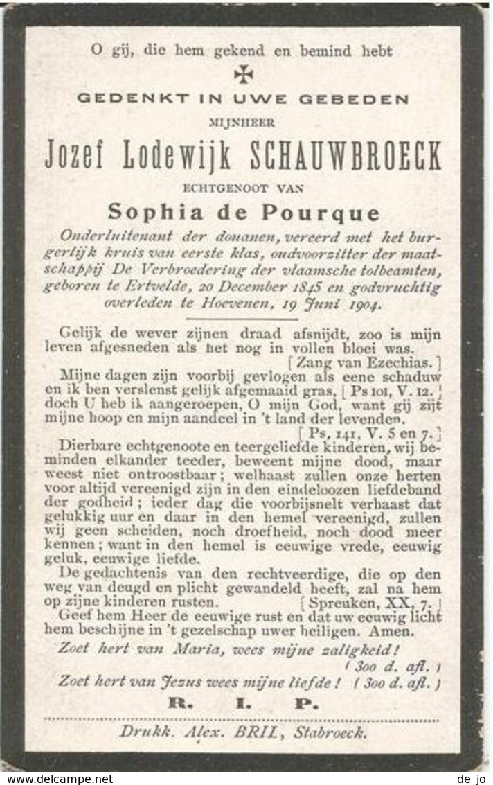 SCHAUWBROECK Jozef °1845 Ertvelde + 1904 Hoevenen E. De Pourque Doodsprentje Image Mortuaire  Funeral Card Immaginetta - Religion & Esotérisme