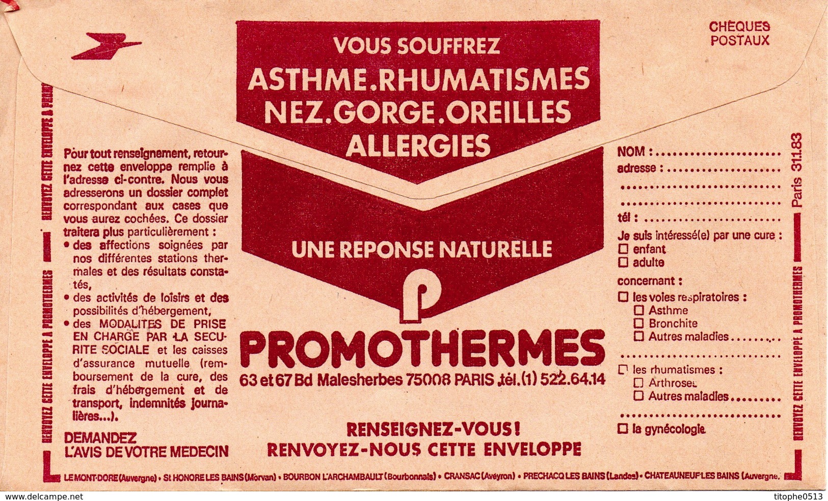 FRANCE. Publicité Pour Le Thermalisme Sur Enveloppe Des CCP. - Hydrotherapy