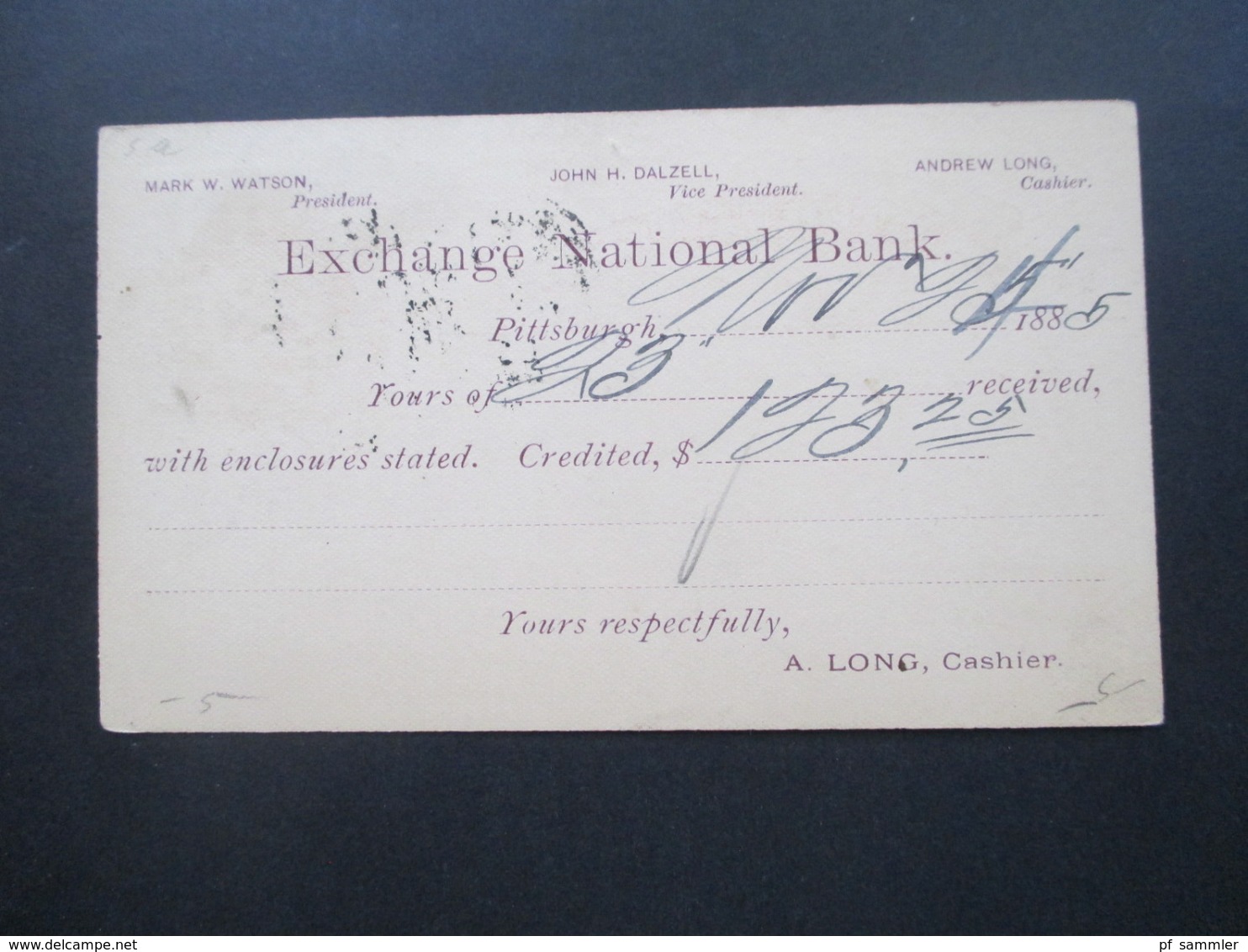 USA 1885 GA Pittsburg Gedruckte Karte Der Exchange National Bank Credited 173,25 Dollar - Storia Postale