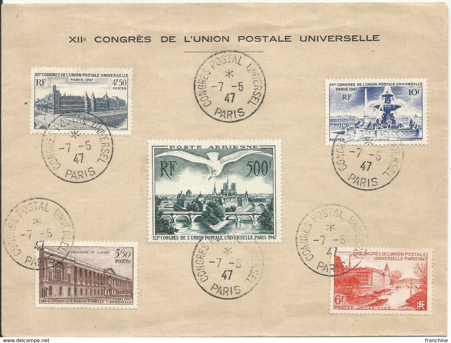 1947 - N° 780 à 783 + PA N° 20 Oblitérés Sur Enveloppe Officielle "CONGRES U.P.U - PARIS - 07/05/1947" - RRR - Covers & Documents