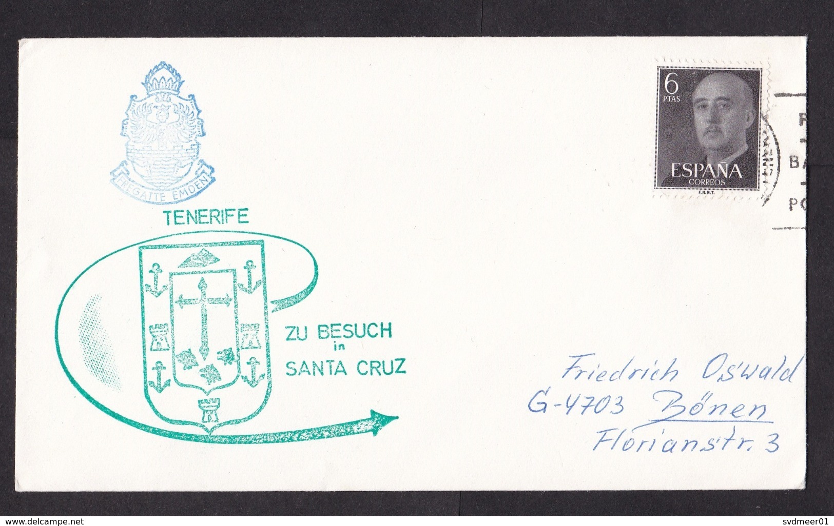 Spain: Cover To Germany, 1 Stamp, Cancel German Frigate Ship Visit Tenerife (traces Of Use) - Brieven En Documenten