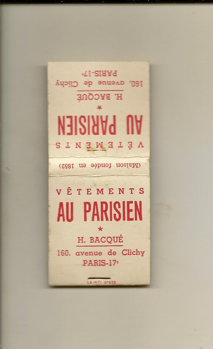 Pochette Allumettes LASTAR De 1954 Neuve Et Pleine:Vêtements AU PARISIEN H.Bacqué  LA 1471 - Boites D'allumettes