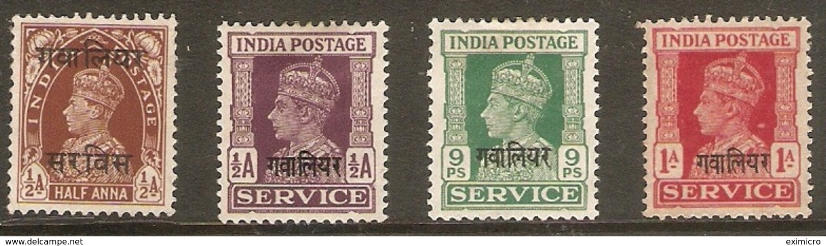 INDIA - GWALIOR 1938 - 1942 OFFICIALS SG O78, O82, O83, O84 MOUNTED MINT Cat £12.50 - Gwalior