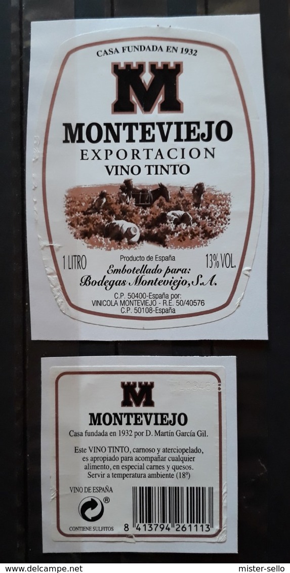 2 ETIQUETAS VINO TINTO MONTEVIEJO. - Vino Tinto