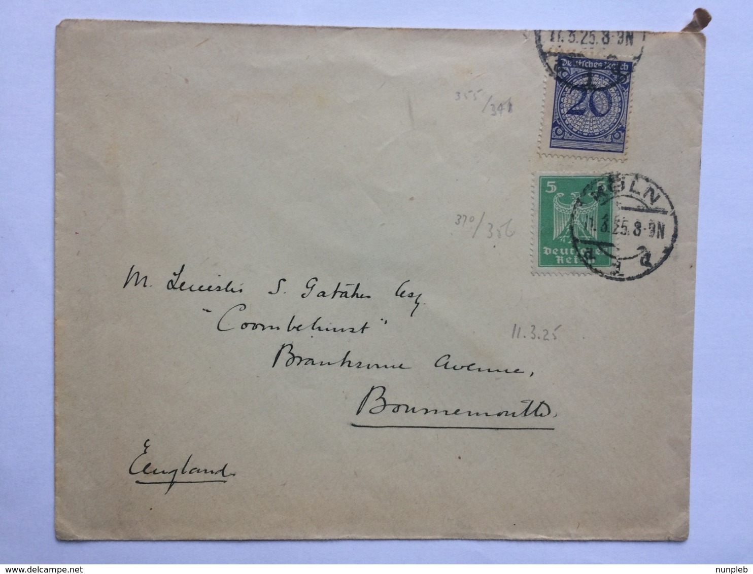 GERMANY 1925 Cover Koln To Bournemouth England - Lettres & Documents