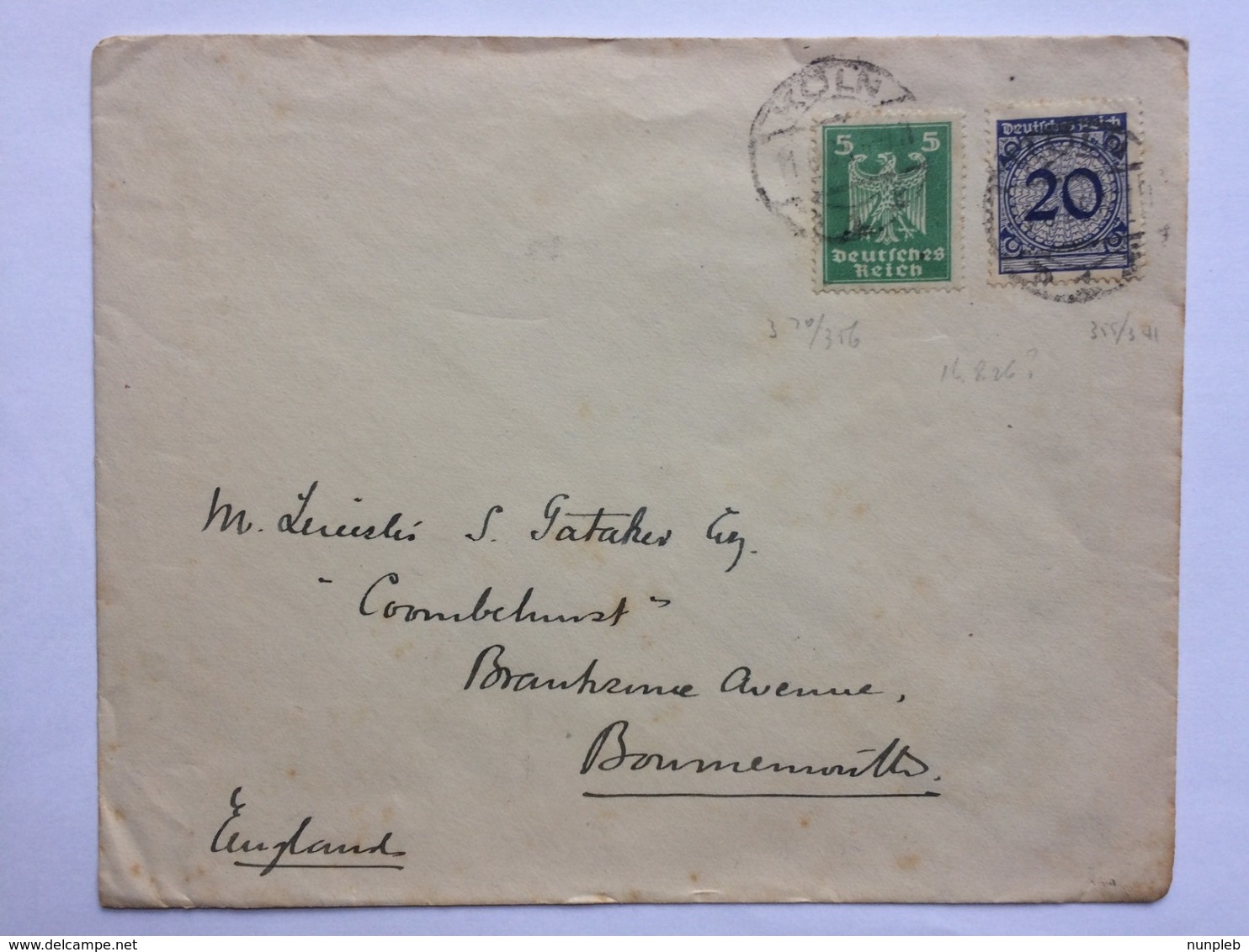 GERMANY 1926 Cover Koln To Bournemouth England - Lettres & Documents