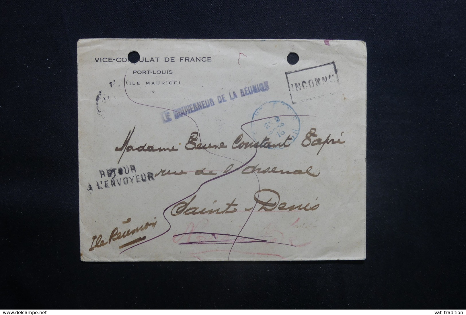 RÉUNION/ MAURICE - Enveloppe Du Vice Consulat De France De Port Louis Pour St Denis, Griffe Du Gouverneur 1916 - L 41484 - Lettres & Documents