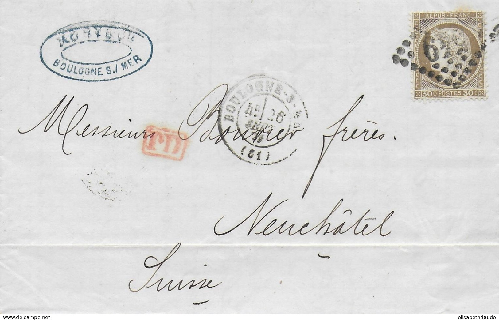 1874 - CERES 30c (FANTAISIE DESSINEE SUR TIMBRE) Sur LETTRE De BOULOGNE SUR MER (PAS DE CALAIS) => NEUCHATEL (SUISSE) - 1871-1875 Cérès