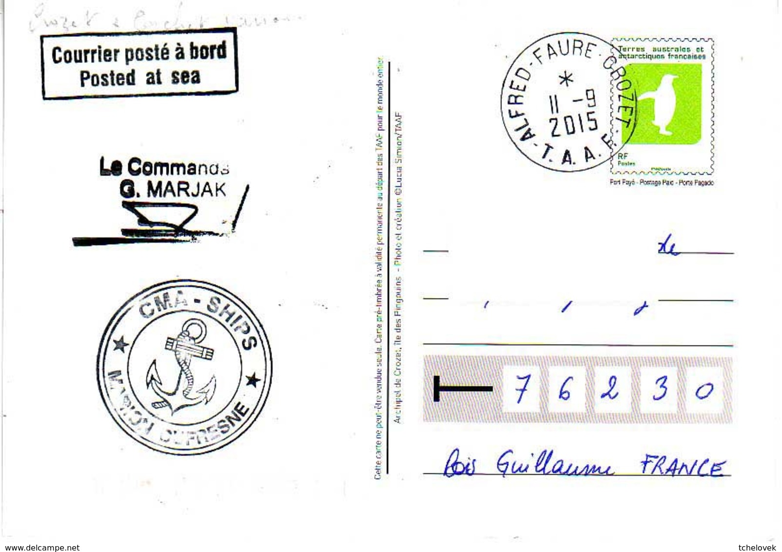 FSAT TAAF. Marion Dufresne. 11.09.2015 Crozet Entier Postal - Enteros Postales