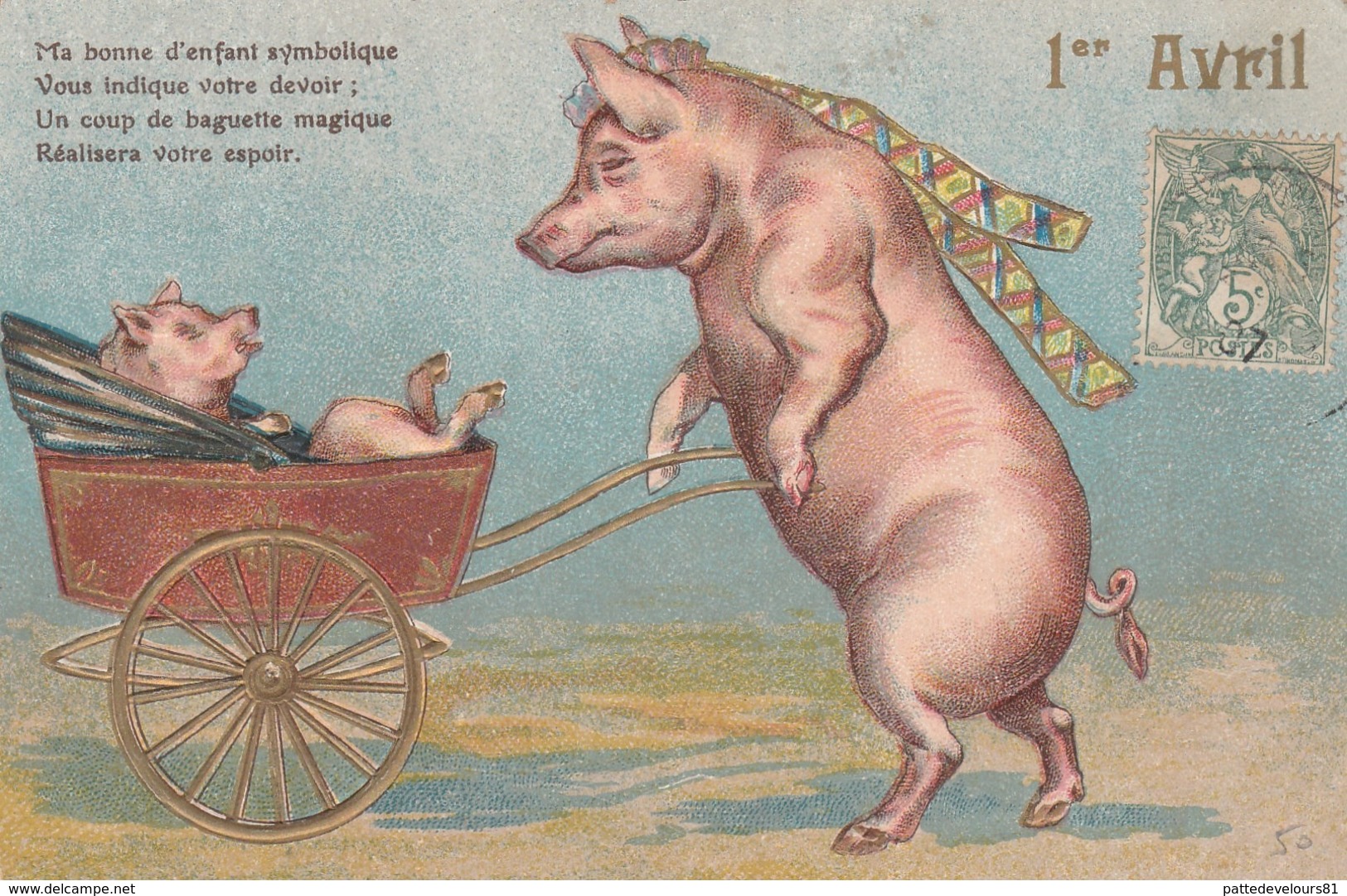 CPA Gaufrée Animal Humanisé Position Humaine Cochon Porc Pig Bonne D'Enfant Landau Embossed Illustrateur (2 Scans) - Varkens