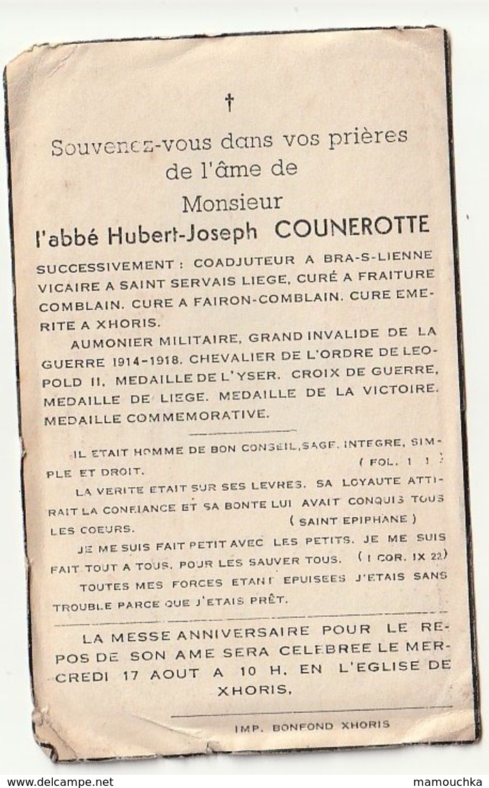 Décès Abbé Hubert J.  COUNEROTTE Xhoris 1864 Bra S Lienne Liège Fraiture Fairon Comblain Xhoris 1948 Aumonier Militaire - Images Religieuses