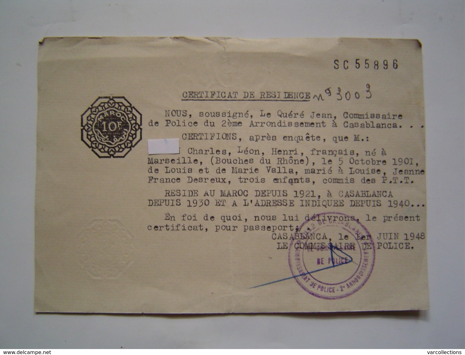 CERTIFICAT RESIDENCE MAROC / COMMISSARIAT POLICE CASABLANCA 1948 - Politie & Rijkswacht