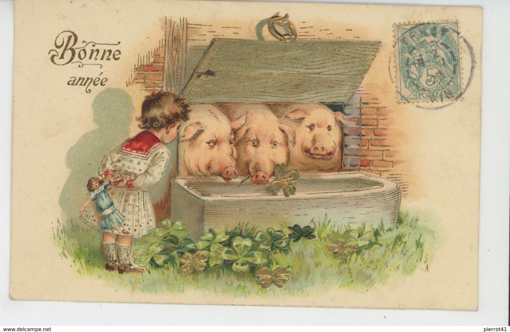 ENFANTS - LITTLE GIRL - PIG - Jolie Carte Fantaisie Gaufrée Fillette Avec Poupée & Cochons De "Bonne Année" (embossed PC - Nouvel An