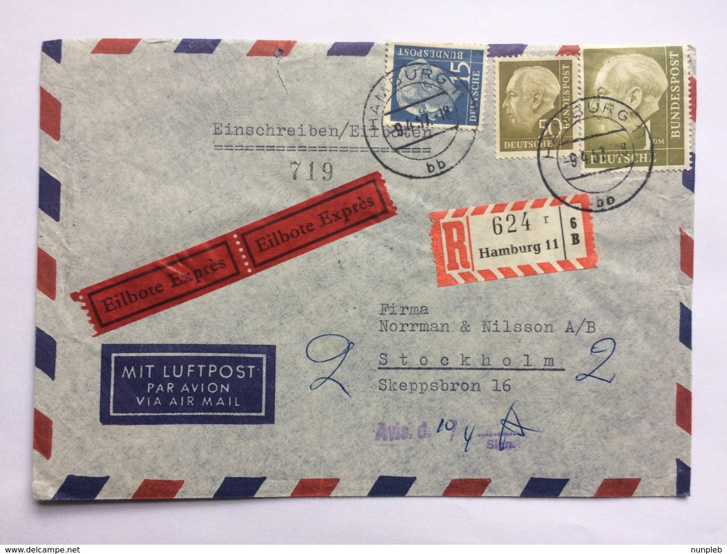 GERMANY 1957 Air Mail Express Cover Registered Hamburg To Stockholm - + Avis Cachet - Lettres & Documents