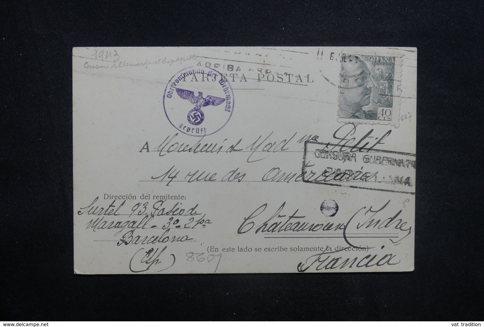 ESPAGNE - Carte De Correspondance De Barcelone Pour La France En 1943 Avec Contrôles Postaux - L 41513 - Marcas De Censura Nacional