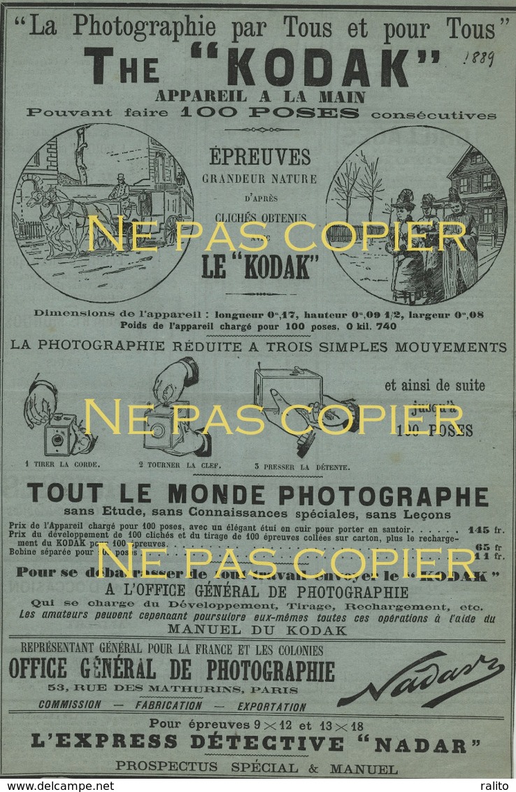 Pub THE KODAK 1889 Journal La Nature Feuille Originale - Autres & Non Classés