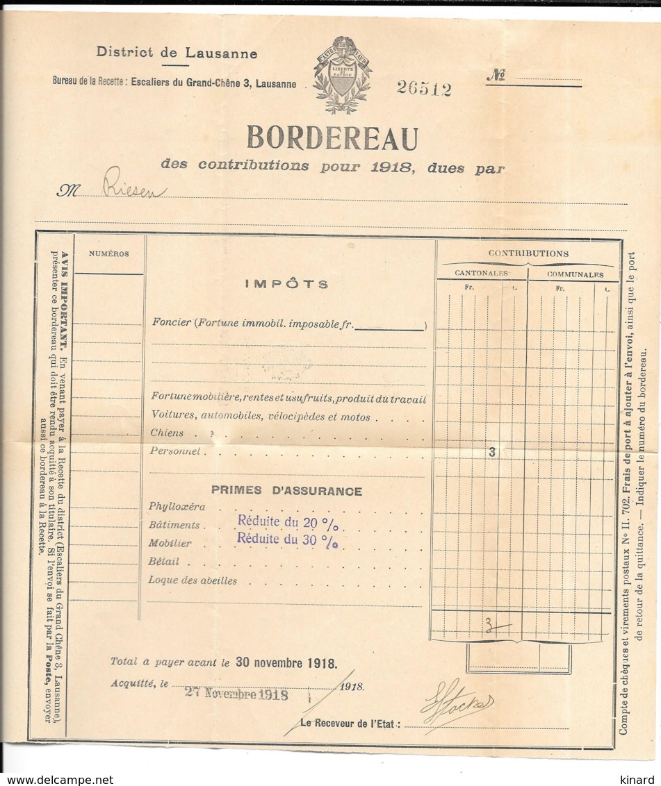 LETTRE EN FRANCHISE..LAUSANNE EXP LETTR..1918..   OFFICIEL...LAUSANNE..1918.  BORDEREAUX CONTRIBUTION1918. - Franchigia