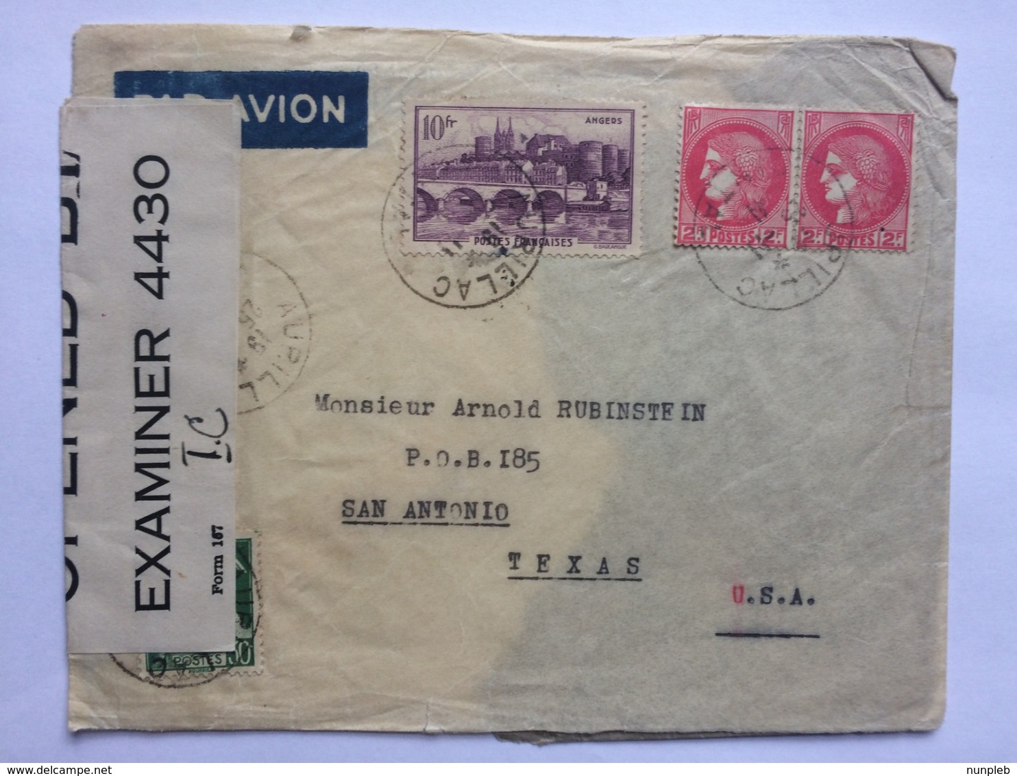 FRANCE 1942 Air Mail Cover Bielac To San Antonio Texas USA With Censor Tape - Storia Postale
