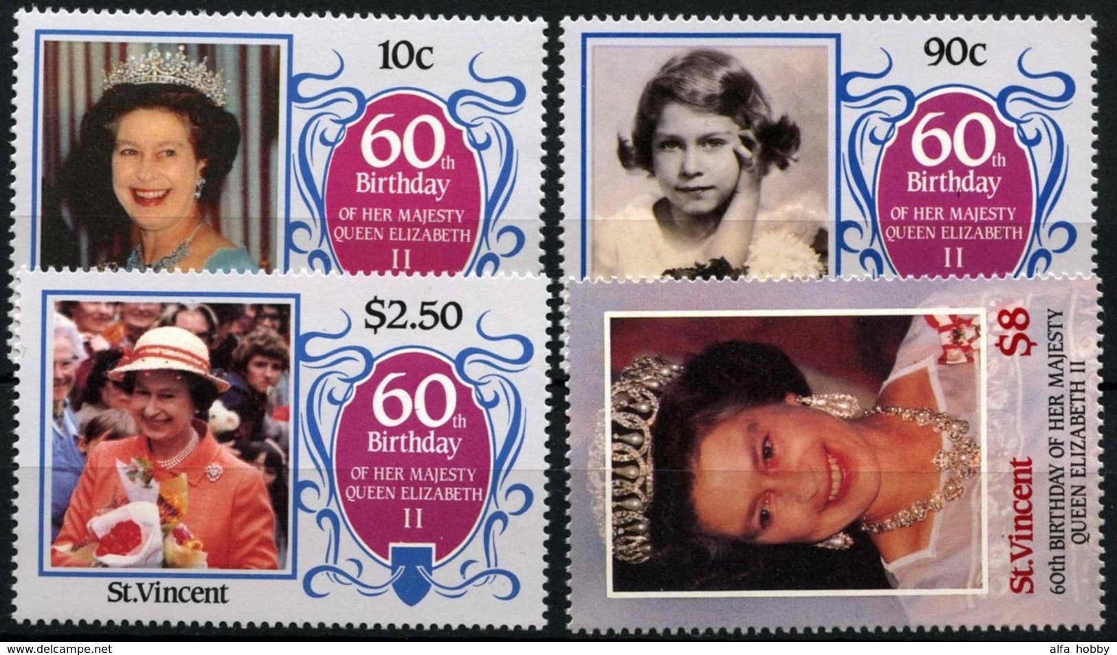 St.Vincent 1986, 60 Years Elizabeth  II, 4 Stamps - Royalties, Royals