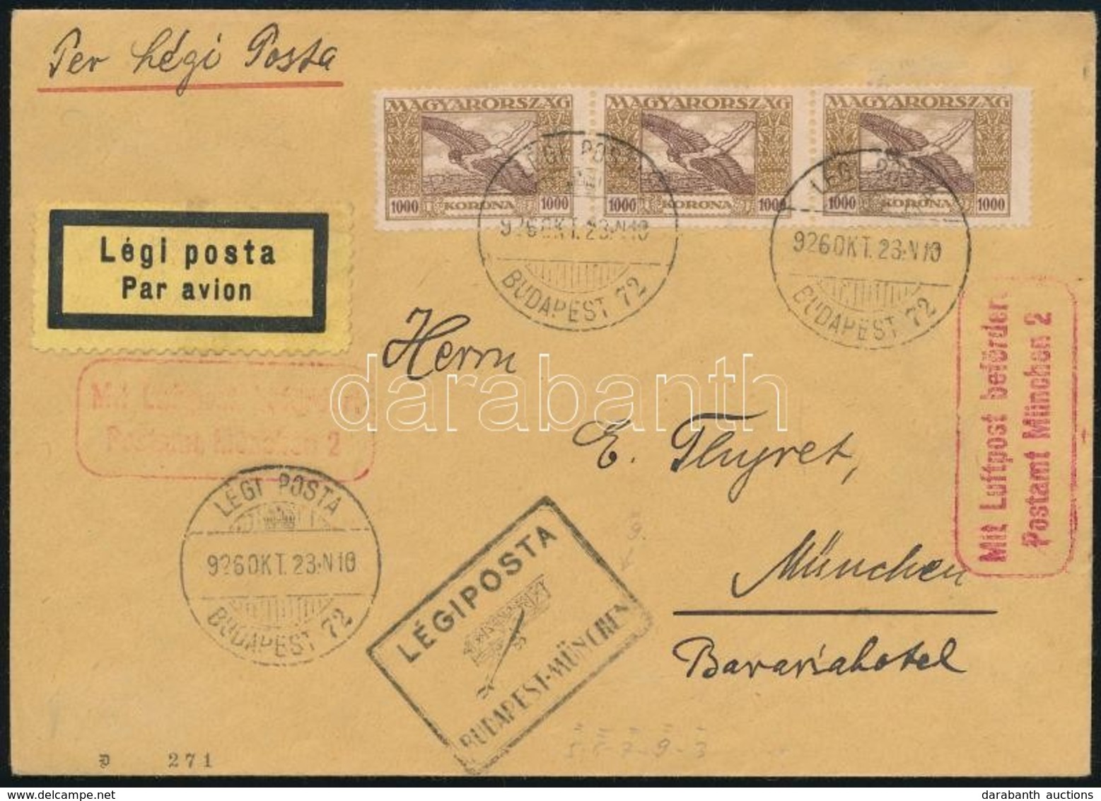 1926 Légi Levél Münchenbe 3 X 1.000K Ikarusz Bérmentesítéssel - Other & Unclassified