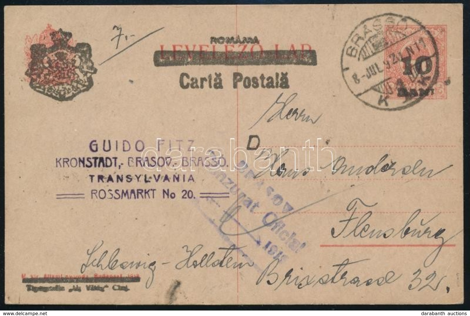 Kolozsvár 1920 Cenzúrás Díjjegyes Levelezőlap Brassóból Németországba. Signed: Bodor - Altri & Non Classificati