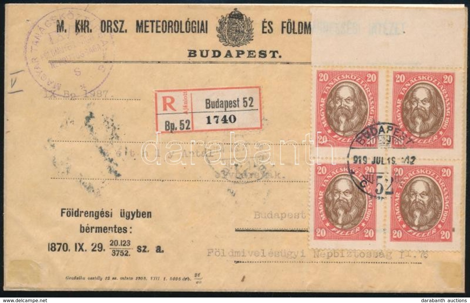 1919 Tanácsköztársasági Arcképek 20f Négyestömb Ajánlott Levélen. Ritka!! - Other & Unclassified