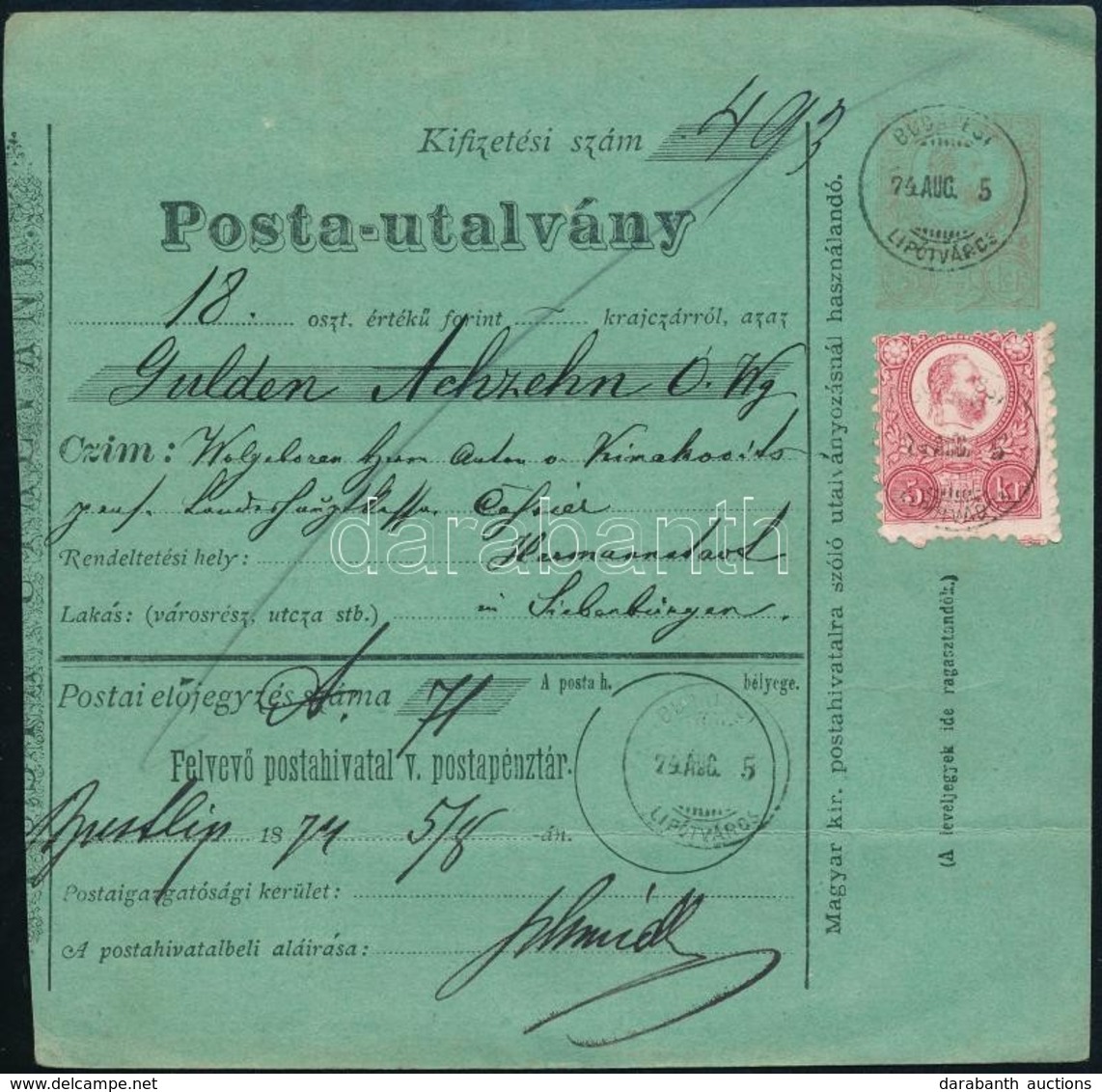 1874 5kr Díjjegyes Postautalvány Réznyomat 5kr Díjkiegészítéssel 'BUDAPEST LIPÓTVÁROS' (20.000) - Sonstige & Ohne Zuordnung