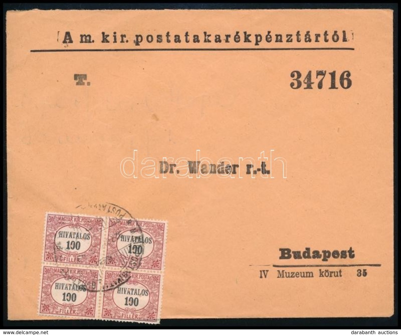 1922 Hivatalos 100f 4-es Tömb, Mind A 4 Bélyeg 3-as Lyukasztással Levélen - Altri & Non Classificati