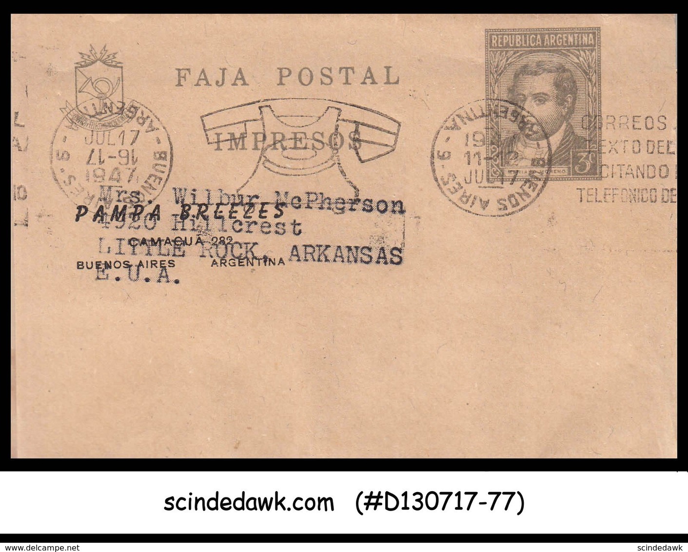 ARGENTINA - 1947 3c WRAPPER  To USA - Postal Stationery