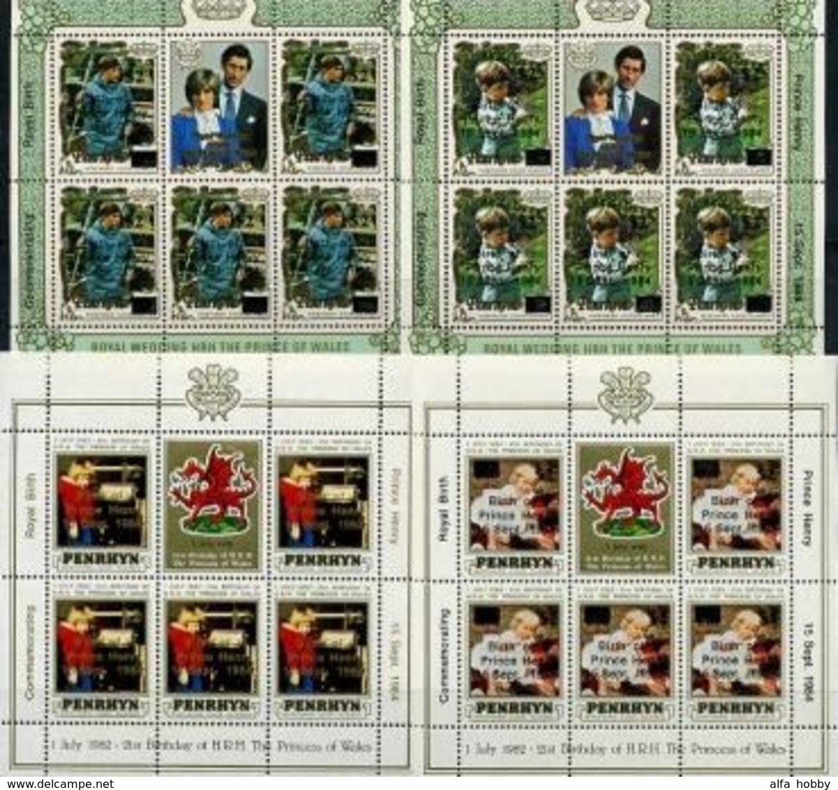 Penrhyn, Diana & Charles,4 Sheets Overprinted 1984 Years 80 Euro - Koniklijke Families