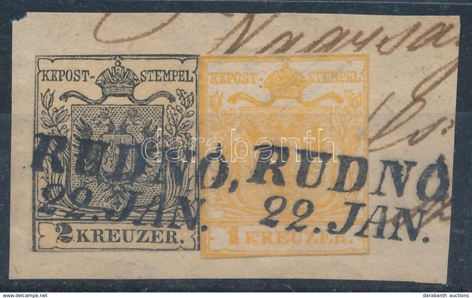 1850 1kr + 2kr Kivágáson 'RUDNÓ' Bélyegzéssel - Andere & Zonder Classificatie