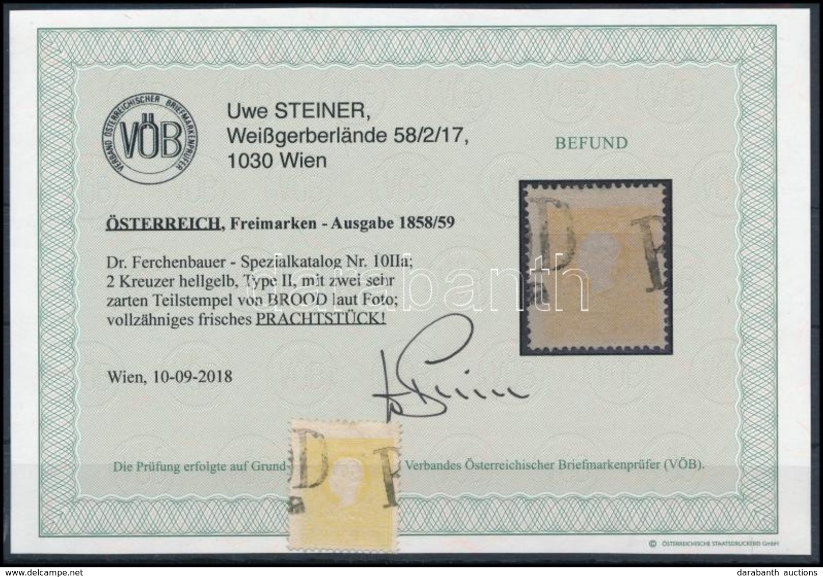 O 1858 2kr II. Világos Sárga 'B(ROO)D' Certificate: Steiner - Sonstige & Ohne Zuordnung