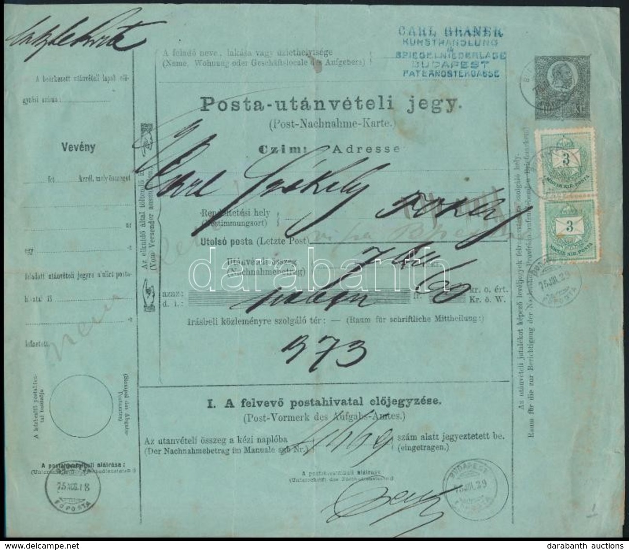 1875 Kétnyelvű Posta Utánvételi Jegy Vegyes Bérmentesítéssel (Színesszámú 3kr Párral Díjkiegészítve) - Altri & Non Classificati